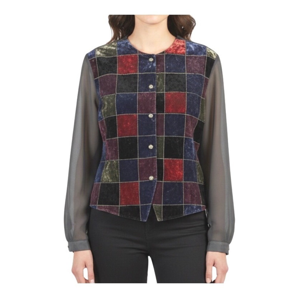 BEDFORD FAIR Black/Multi VELVET PATCHWORK Button-Up CHIFFON SLEEVES Blouse/Top L